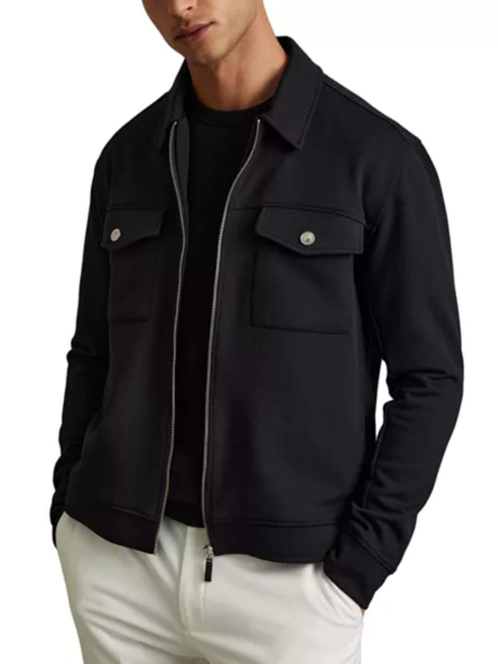 Reiss Men's Medina Interlock Jersey Full Zip Jacket Black L Classic Stretch Warm